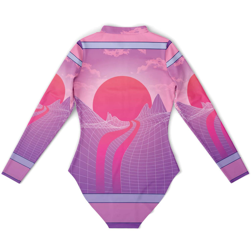 Pink Vaporwave Landscape Long Sleeve Zipper Bodysuit - kayzers