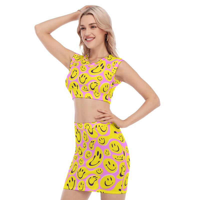 Emojis Print Women's Collarless V Collar Vest Skirt Matching Set - kayzers