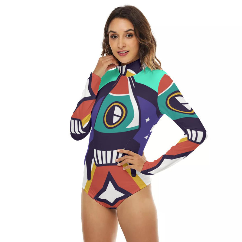 Abstract Colorful Rocket Print Women's Turtleneck Long Sleeve Bodysuit