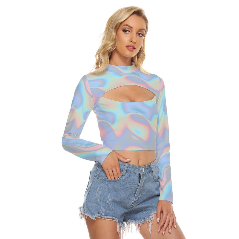 Mint Blue Pink Iridescence Ombre Holographic Cloud Print Women's Hollow Chest Tight Crop Top