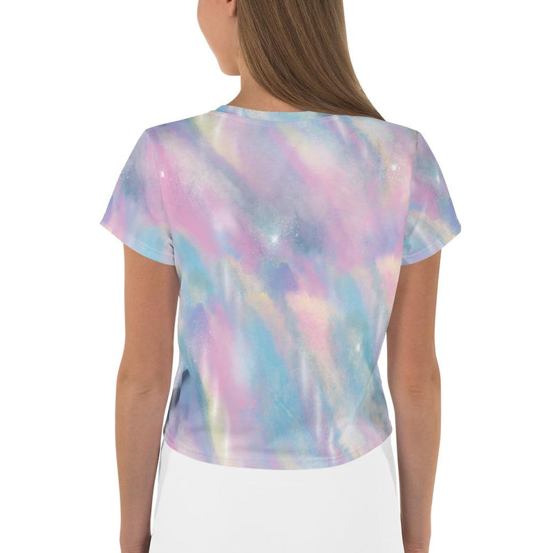 Dreamy Watercolor Ocean Paint Pink Blue Brush Abstract Iridescence Print Crop Tee, Cotton Candy Pearl Crop Top - kayzers