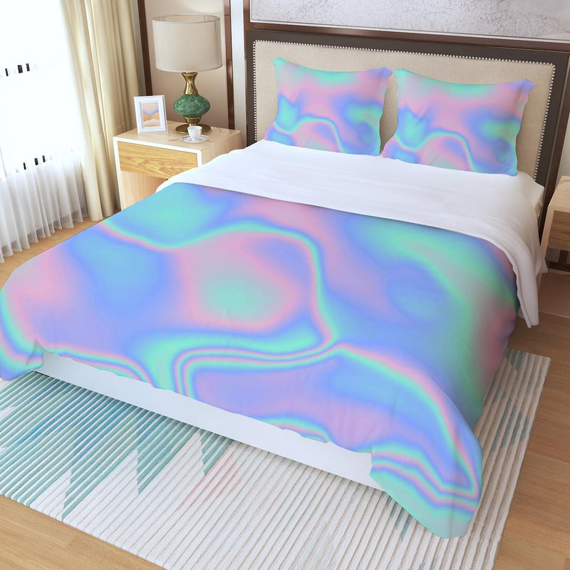 Aqua Blue Pink Hues Ombre Iridescence Holographic Abstract Print Three Piece Duvet Cover Set - kayzers