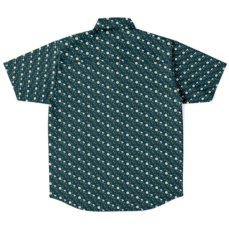 Blue Green White Ornamental Floral Print Men's Short Sleeve Button Down Shirt - kayzers