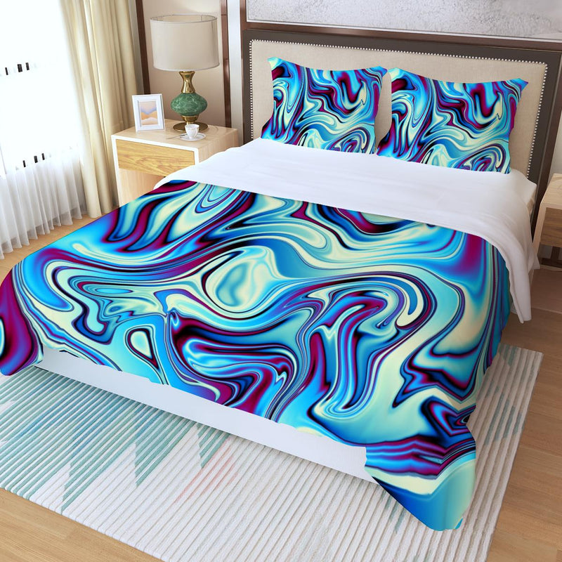Aqua Marine Blue Psychedelic Abstract Waves Three Piece Duvet Cover Set