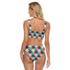 Retro Colorful Shapes Print Women's Crop Top Swimwear Suit, Two Piece Swimsuit