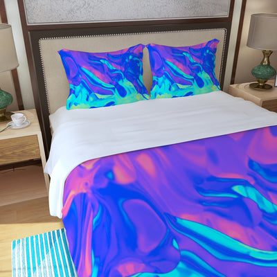 Pink Blue Mint Green Hues Ombre Iridescence Holographic Paint Abstract Three Piece Duvet Cover Set - kayzers