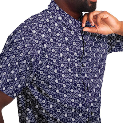 Navy Blue Floral Geometric Print Men's Short Sleeve Button Down Shirt - kayzers