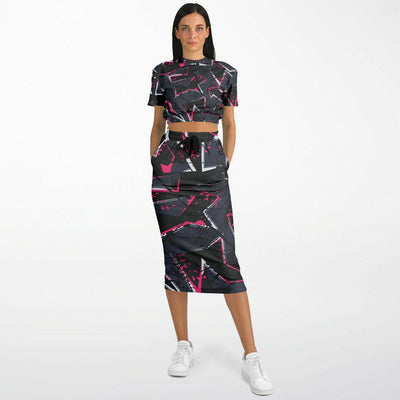 Sporty Geometric Summer Matching 2 Pc Cropped Sweatshirt and Long Pocket Skirt Set - kayzers