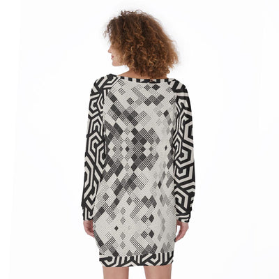 Black White Retro Urban Hipster Mosaic Tiles Geometric Hypnotic Women's Lace-Up Sweatshirt