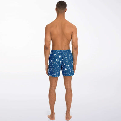 Classic Blue Beach Silhouette Sailboat Floral Island Palm Trees Pattern Print Men's Swim Trunk Shorts - kayzers