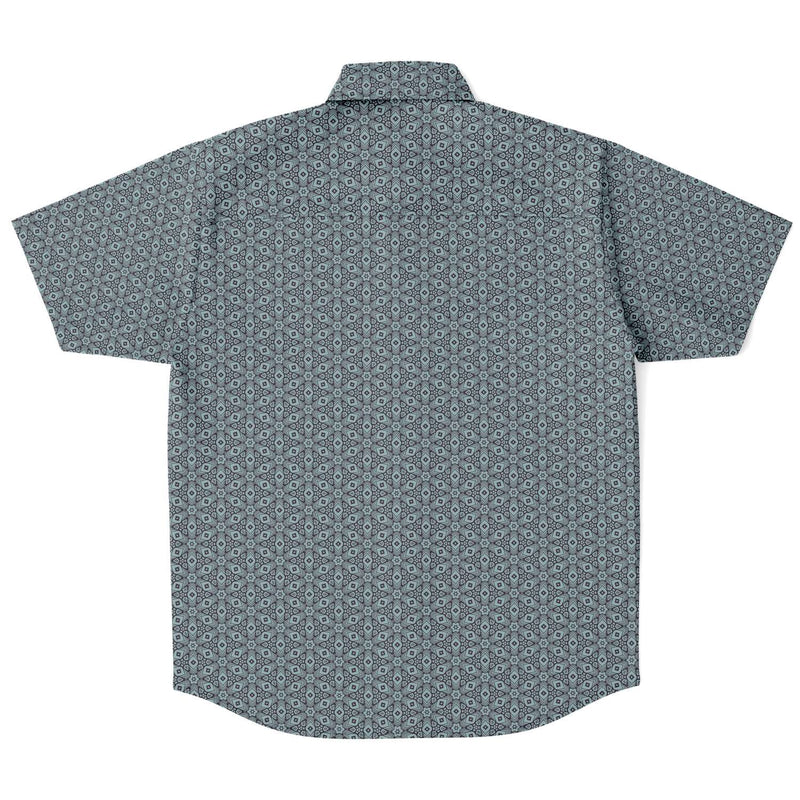Grey Floral Geometric Print Men's Short Sleeve Button Down Shirt - kayzers