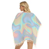Ombre Cloud Iridescence Holographic Print Women's Square Fringed Shawl, Bikini Cover Up
