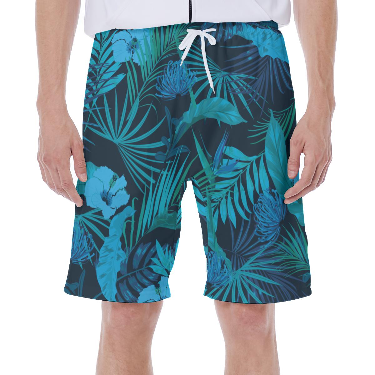 Blue Floral Print Men's Beach Hawaiian Shorts, Blue Tropical Print Hawaiian Beach Shorts