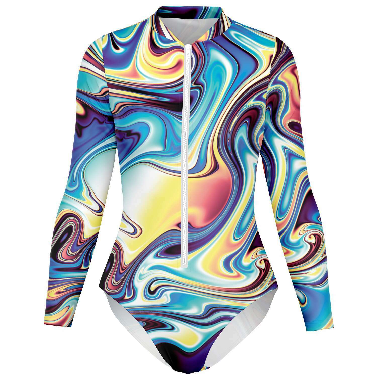 Abstract Liquid Psychedelic Rave Festival Edm Lsd Dmt Long Sleeve Bodysuit With Zipper - kayzers