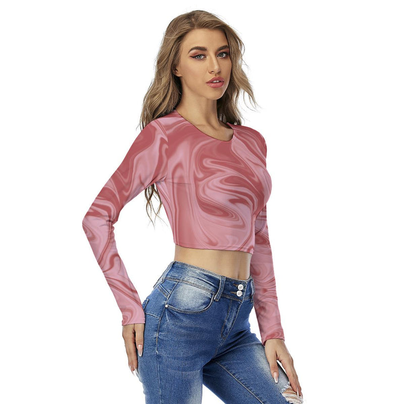 Pink Wine Red Abstract Print Women's Round Neck Crop Top T-Shirt, Pink Wine Red Full Sleeve Crop Top