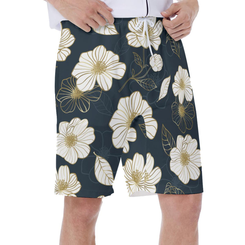 Tropical White Hibiscus Flower Floral Print Men's Beach Shorts