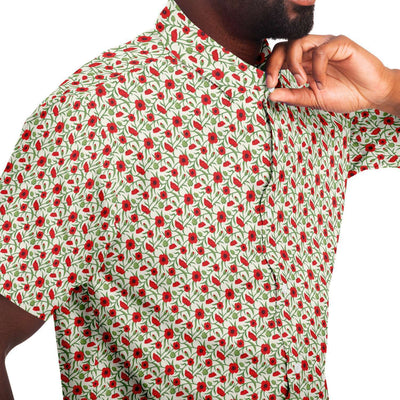 Floral Red Flower Print Men's Short Sleeve Button Down Shirt - kayzers