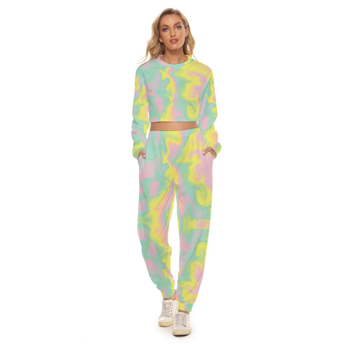 Colorful Matching Set Crop Sweatshirt and Pajama Pants, Women's Matching sets, Loungewear Sets