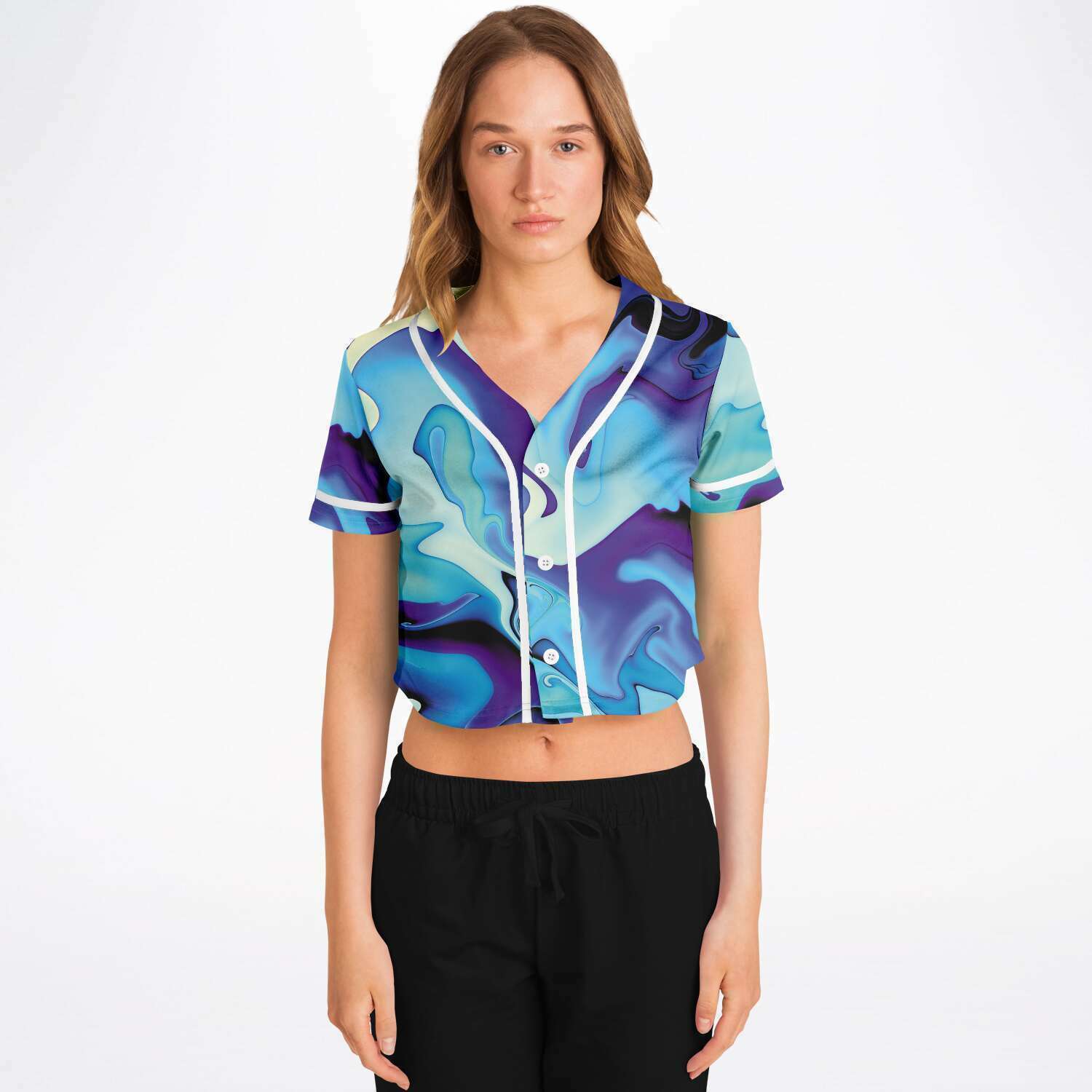 Blue Purple Liquid Psychedelic Festival Print Cropped Baseball Jersey - kayzers