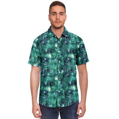 Faded Emerald Green Abstract Galaxy Marble Print Men's Short Sleeve Button Down Shirt - kayzers