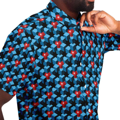 Blue Cubes And Red Balls Geometric 3D Space Men's Short Sleeve Button Down Shirt - kayzers