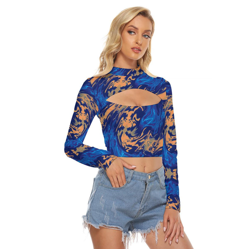 Blue Abstract Marble Waves Funky Trippy Psychedelic Print Women's Hollow Chest Tight Crop Top