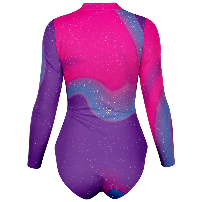 Abstract Art Pink Galaxy Long Sleeve Zipper Bodysuit With Uv Protection - kayzers