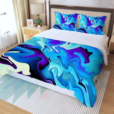 Abstract Marine Blue Marble Pattern Three Piece Duvet Cover Set
