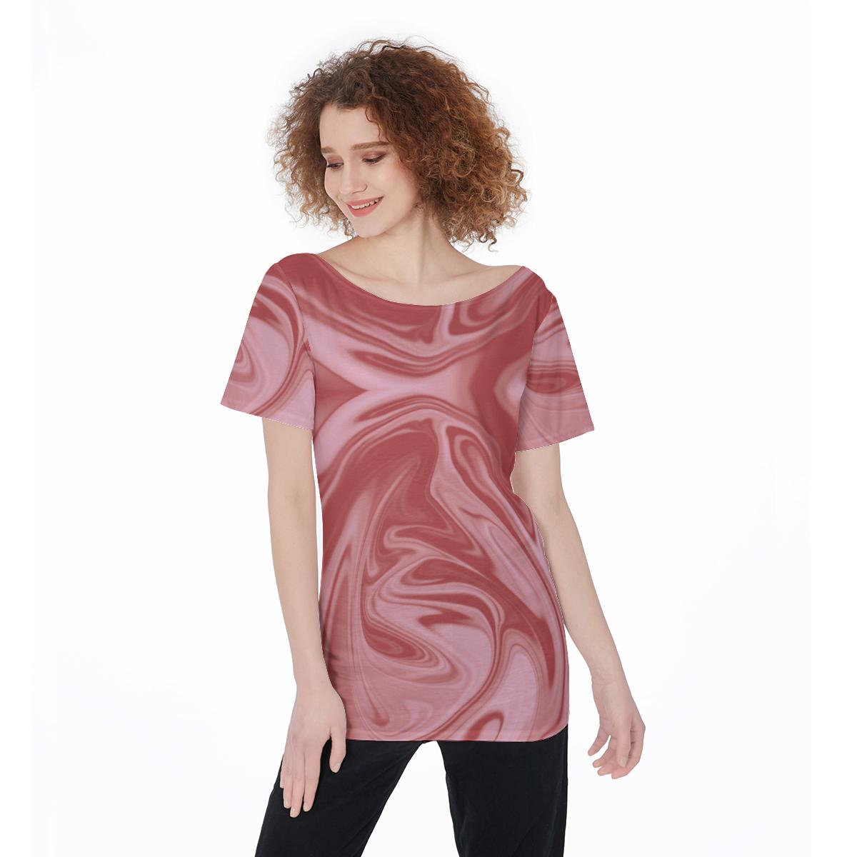 Pink Wine Red Abstract Liquid Print Women's Off-Shoulder T-Shirt