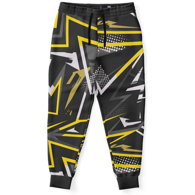 Black Yellow Abstract Geometric Unisex Fleece Fashion Joggers - kayzers