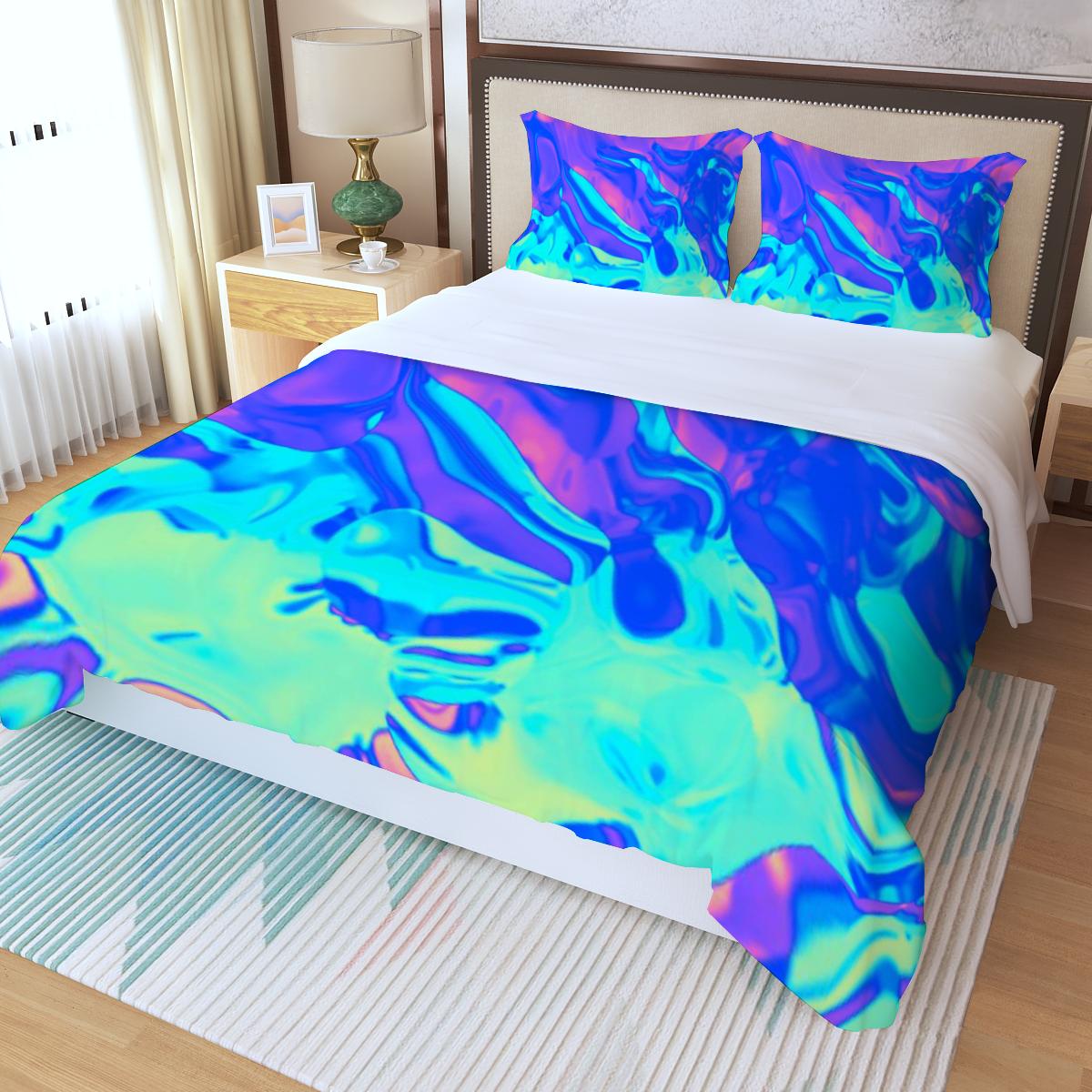 Pink Blue Mint Green Hues Ombre Iridescence Holographic Paint Abstract Three Piece Duvet Cover Set