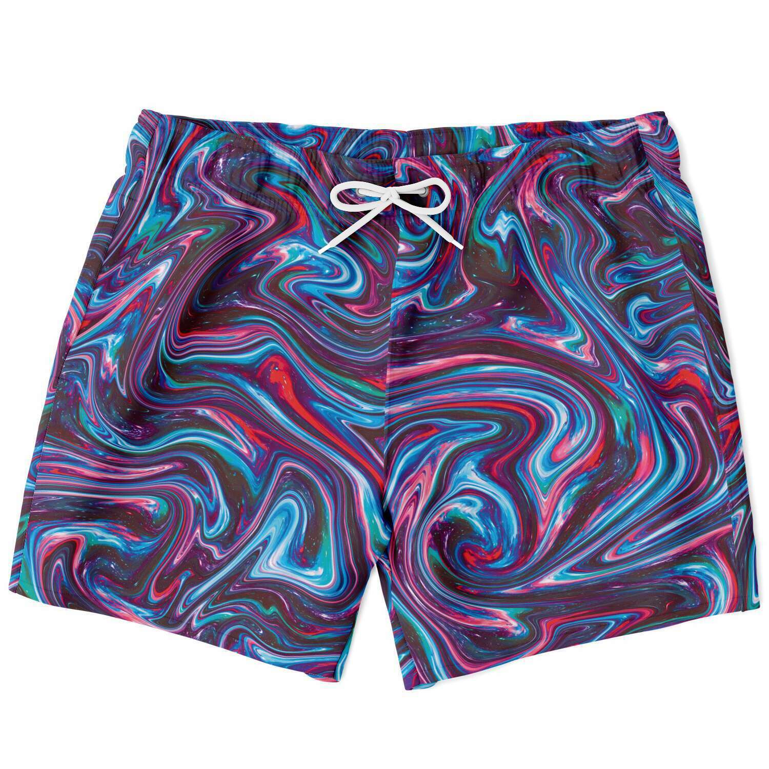 Fast Dry Red Blue Liquid Magma Plasma Psychedelic Swirls Trippy Print Swim Trunks, Surf Shorts, Swim Shorts - kayzers