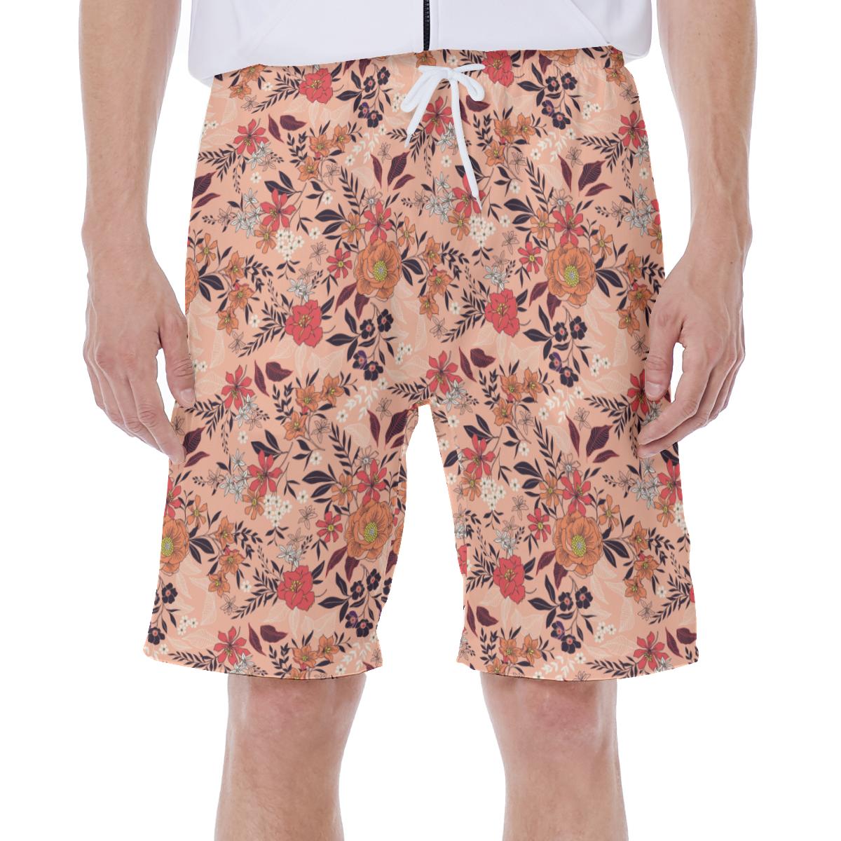 Peach Tropical Flowers Floral Print Men's Beach Hawaiian Shorts