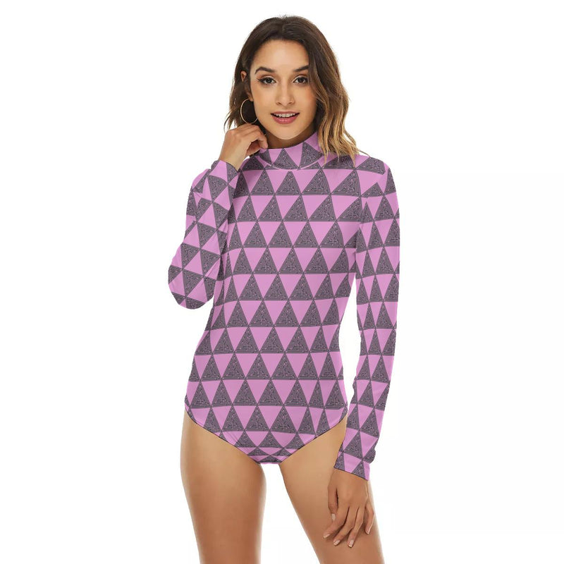 Triangle Maze Print Women's Turtleneck Long Sleeve Bodysuit - kayzers