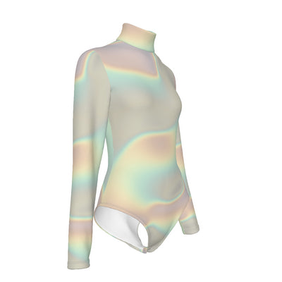 Ombre Holographic Iridescence Abstract Cloud Print Women's Turtleneck Long Sleeve Bodysuit - kayzers
