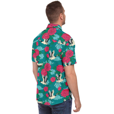 Teal Tropical Cranes Chrysanthemum Flower Floral Beach Style Men's Button Down Shirt, Hawaiian Beach Shirt - kayzers