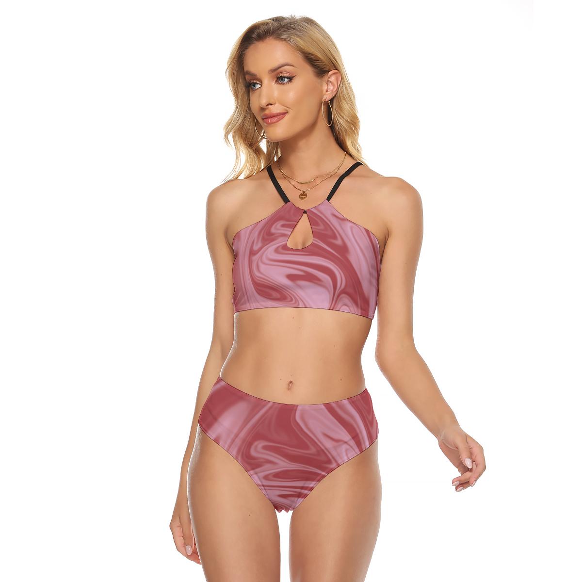 Pink Wine Red Print Women's Cami Swimsuit, Abstract Liquid Texture Pattern Two Piece Swimsuit