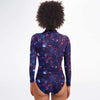 Purple Blue Abstract Alien Galaxy Print Women's Long Sleeve Bodysuit With UV Protection - kayzers
