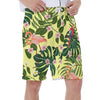 Yellow Floral Tropical Palm Leaves Macaw Flamingo Print Men's Beach Hawaiian Shorts - kayzers