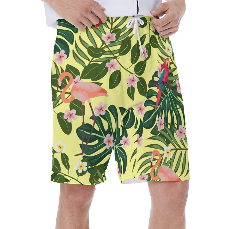 Yellow Floral Tropical Palm Leaves Macaw Flamingo Print Men's Beach Hawaiian Shorts