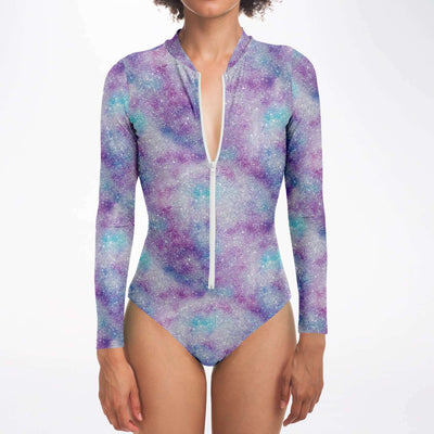 White Blue Purple Glittery Glitter Galactic Galaxy Mess Abstract Long Sleeve Bodysuit With Uv Protection - kayzers