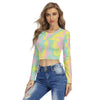 Pink Mint Green Yellow Tinge Hues Ombre Iridescence Print Women's Round Neck Crop Top T-Shirt