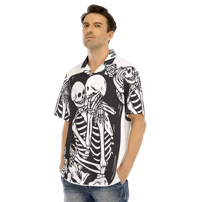 Skelton Love Grunge Print Men's Hawaiian Shirt With Button Closure