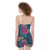 Tropical Flowers Leaves Print Jumpsuit Romper Women's Suspender Shorts