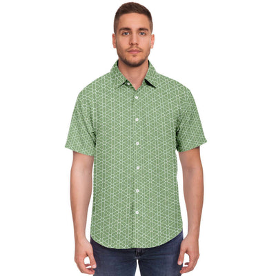 Lime Green Floral Geometric Print Men's Short Sleeve Button Down Shirt - kayzers