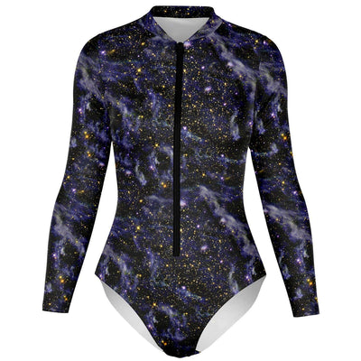 Blue Blaze Galaxy Space Clouds Stars Print Long Sleeve Bodysuit With Uv Protection - kayzers