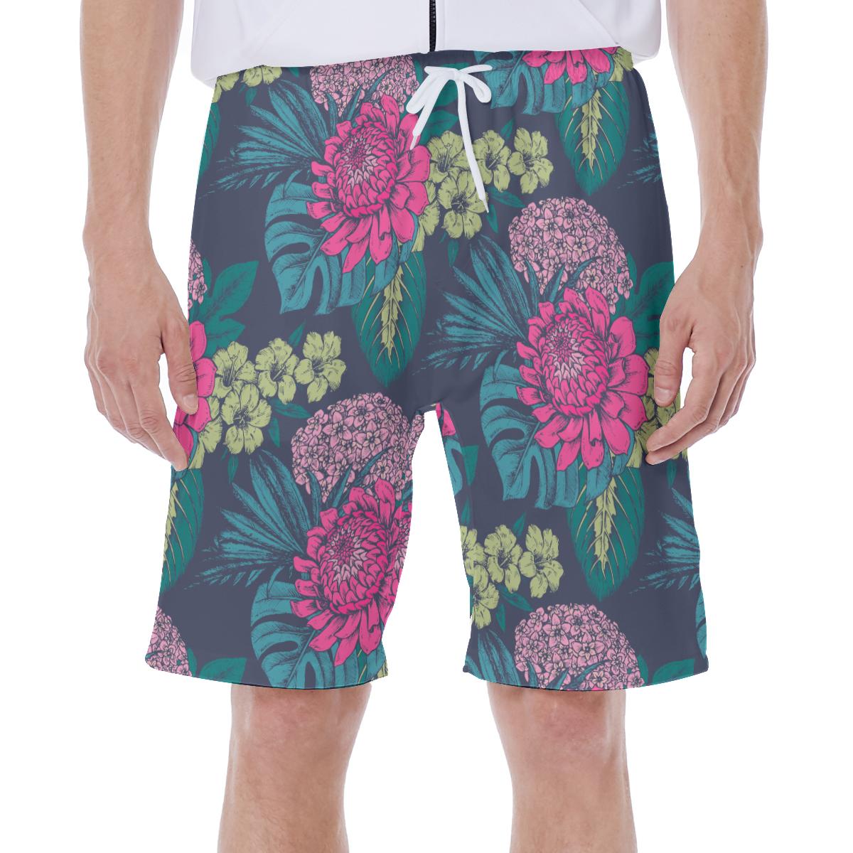 Pink Chrysanthemum Flower Tropical Floral Print Men's Beach Hawaiian Shorts