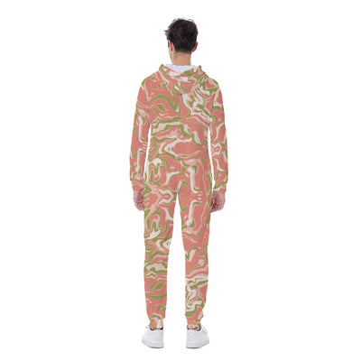Coral Pink Camo Camouflage Style Print Men's Hooded Jumpsuit, Urban Camo Liquid Men's Jumpsuit