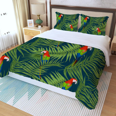 Tropical Palm Leaves Macaw Bird Print Three Piece Duvet Cover Set