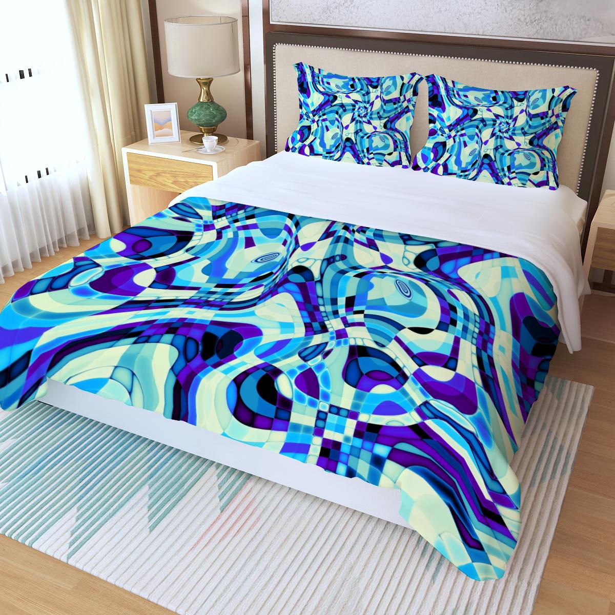 Aqua Blue Crystal Psychedelic Dmt Abstract Print Three Piece Duvet Cover Set